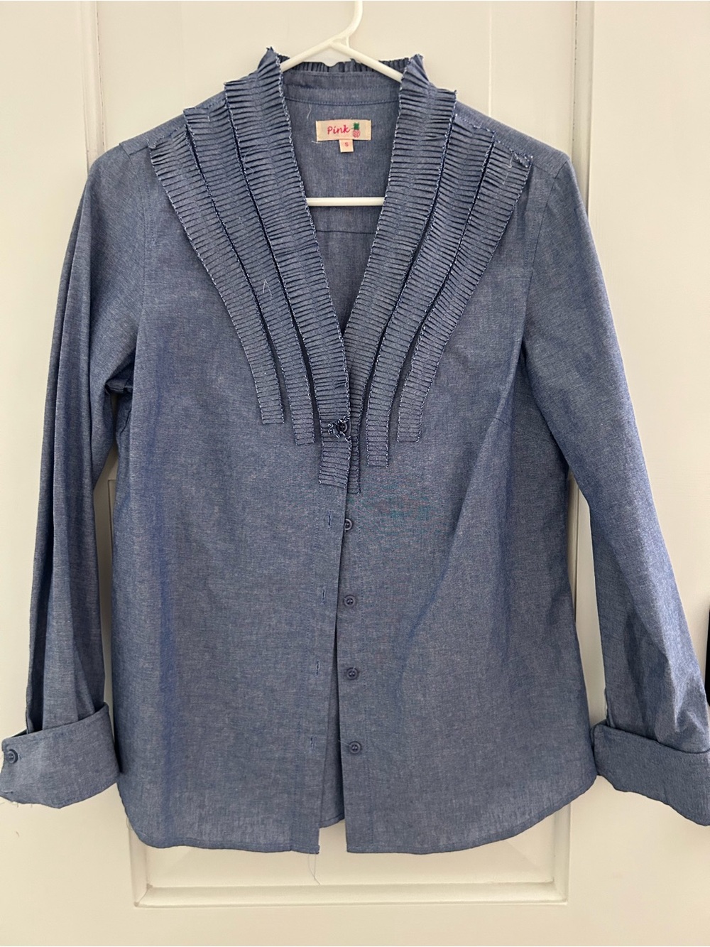 Blue Chambray Ruffled Collar Button-Front Blouse - Picture 2 of 7